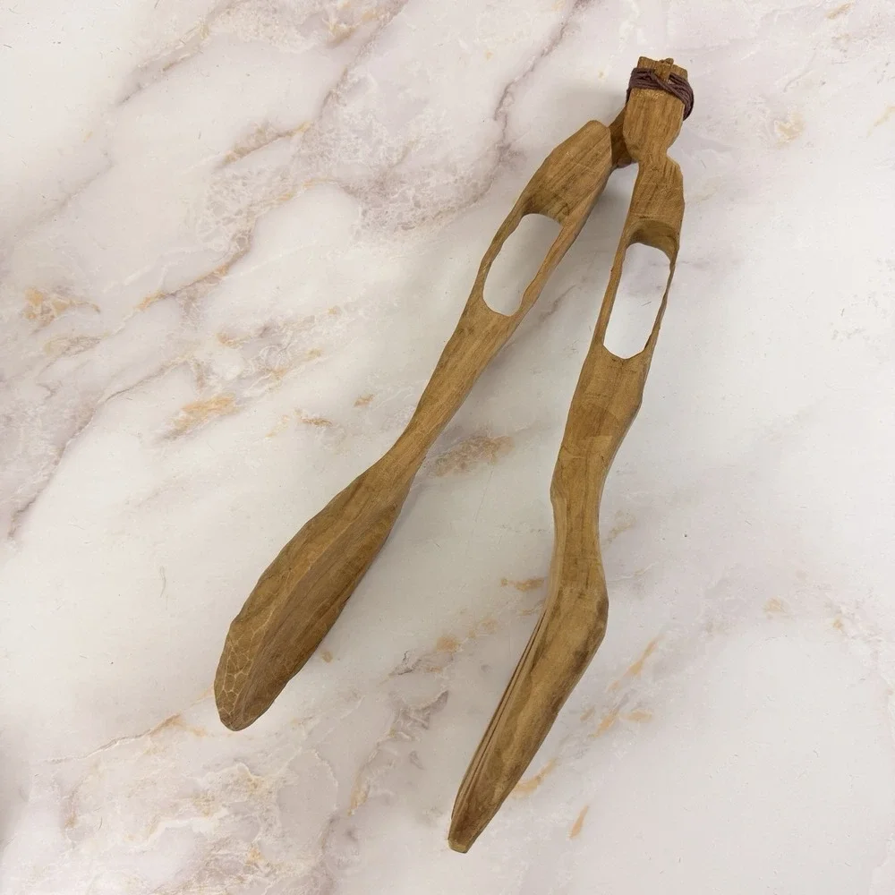 Vintage Olive Wood Salad Tongs Carved Handmade Folk Art Rustic Kitchen Utensils